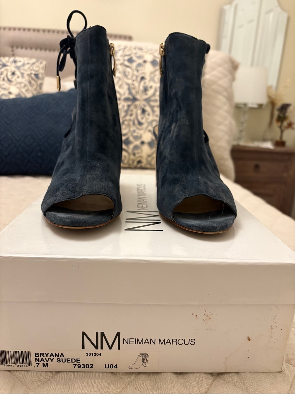 Neiman Marcus Navy Suede Open-Toe Booties with Back Tie